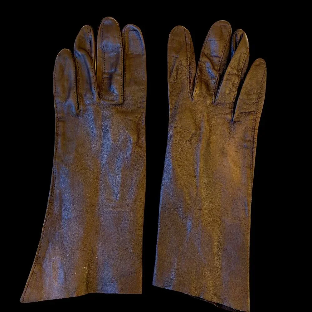 Vintage Brown Leather Gloves Unlined Above Wrist WASHABLE Womens 7.5